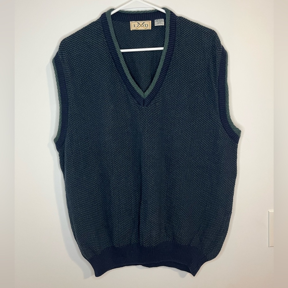 Vintage Izod Golf Sweater Vest Navy Blue & Green Grandpa Style Size Large Preppy